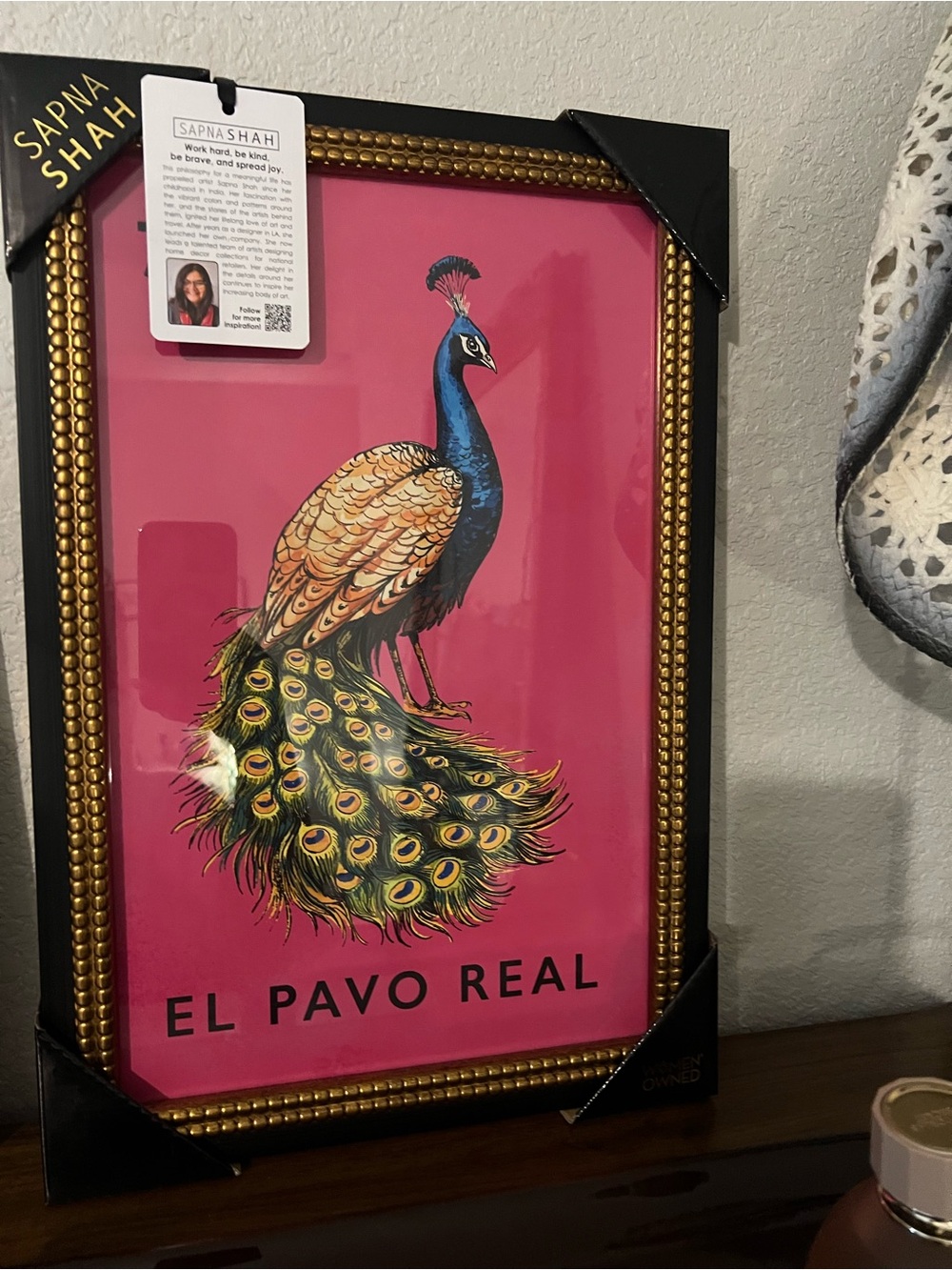 Sapna Shah "El Pavo Real" Framed Peacock Art - Pink Background